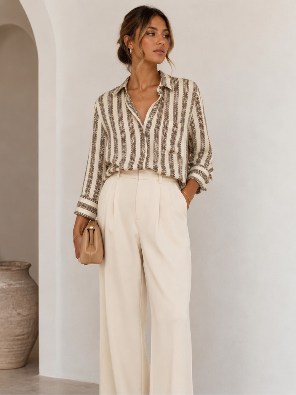 Zara Cream & Brown Button-Up Blouses